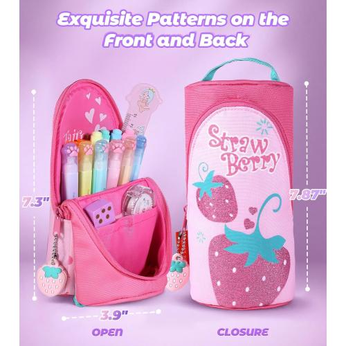 Magnetic Standing Pencil Case for Girls - Back to School Stuff, Cute Strawberry Standing Zipper Pencil Case, Large Capacity Stand up Pen Bag, Stationery Pen Holder, Study Supplies for Students