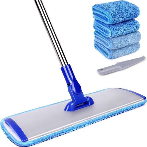 18 Professional Microfiber Mop Floor Cleaning System, Flat Mop with Stainless Steel Handle, 4 Reusable Washable Mop Pads, Wet and Dust Mopping for Hardwood, Vinyl, Laminate, Tile Cleaning