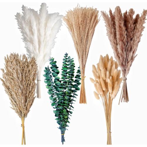 110 PCS of Boho Pampas Grass Decor, Naturally Dried Pompas, Bunny Tails Dried Flowers, and dried eucalyptus. Perfect for Weddings, Boho Party Decorations, and Table Decor.