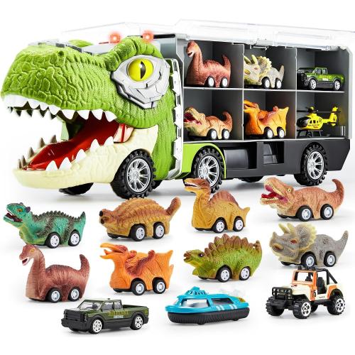 JOYIN 13 in 1 Dinosaur Toys for Kids 3-5, Dinosaur Truck with 12 Pull Back Cars, Birthday Gifts Toys for 3 4 5  Year Old Boy, Transport Carrier Truck for Toddlers, Easter Kids Gifts