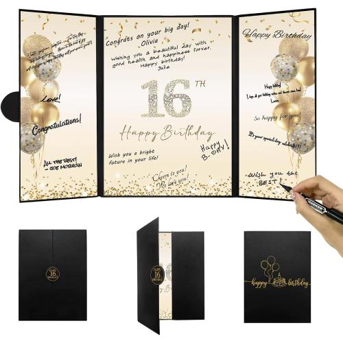 DARUNAXY Black Gold Happy 16th Birthday Alternative Signature Guest Book
