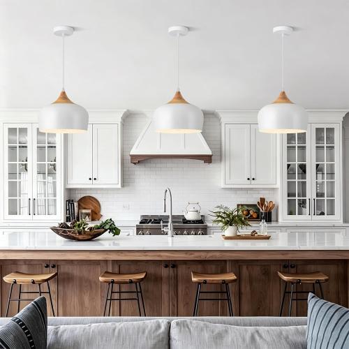 11.8 White Pendant Light with Solid Wood, Adjustable 12-80