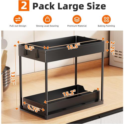Simple Trending Under Sink Organizer 2 Pack, Sink Pull-Out Sliding Storage Cabinet, 2-Tier Under Shelf Organizer for Kitchen Bathroom, Black