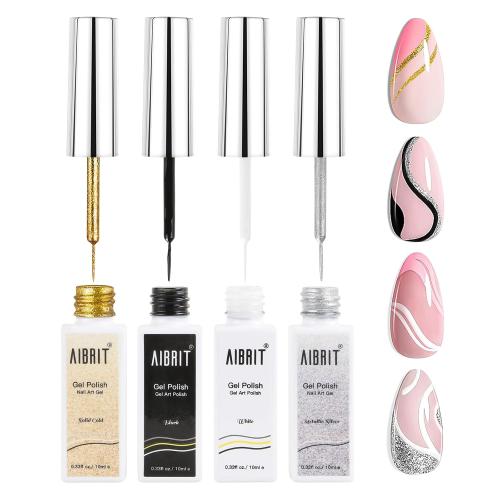 Gel Liner Art Polish Set 10ml, 4 Colors Black White Gold Silver Design Paint with Thin Brush in Bottle for Swirl/Euphoria French Tips Manicure Painting DIY at Home