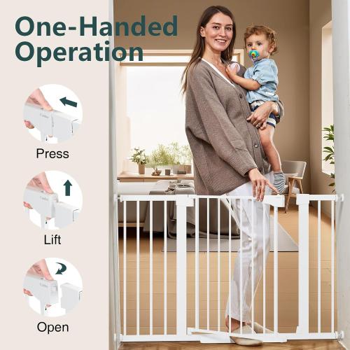 Cumbor 29.7-48 Baby Gate for Stairs, Mom's Choice Awards Winner-Dog Gates for Doorways, Auto Close Safety Pet Gate for Dogs Indoor, Easy Install Pressure Mounted Child Gate with Walk Thru Door, White