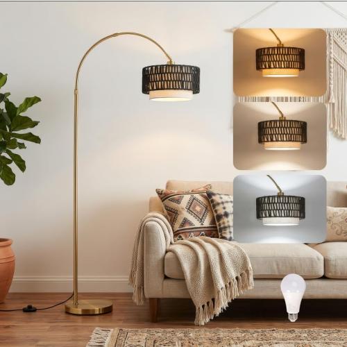 Arc Floor Lamp for Living Room with 12W Bulb,61.5-71.5 Height Adjustable Rattan Floor Lamps with 3 Color Temps, Farmhouse Arched Standing Lamp,Boho Floor Lamp, Arched Floor Lamps for Bedroom, Office