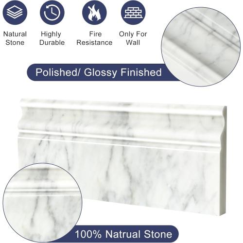 4 Pack Carrara White Marble Baseboard Trim Molding 5 x12'' Polished Wall Base Moulding for Bathroom Wall and Kitchen Backsplas