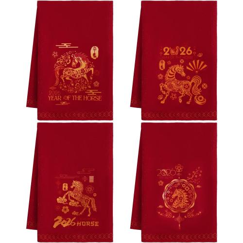 Frienda 4 Pcs Chinese New Year Kitchen Towels 2026 Year of The Horse Gifts Red Lunar Zodiac Horse 16 x 24 Inch Spring Festival Holiday Farmhouse Cleaning Decorations Festive Housewarming Gifts