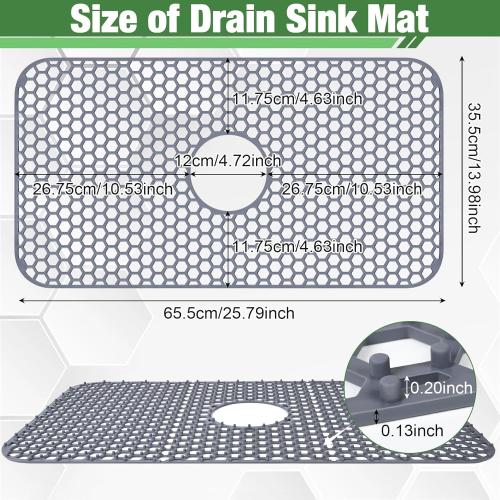 Sink Protectors Mat - 25.79x13.98 Kitchen Sink Pad for Bottom of Basin for Protection of Stainless Steel and Tableware, Farmhouse Rubber Basin Mat Protector with Center Drain - Light Gray