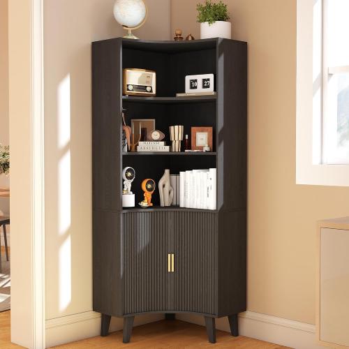 BLACK❗❗❗Tall Fluted Corner Cabinet with Sliding Doors,Storage Cabinet,corner shelf