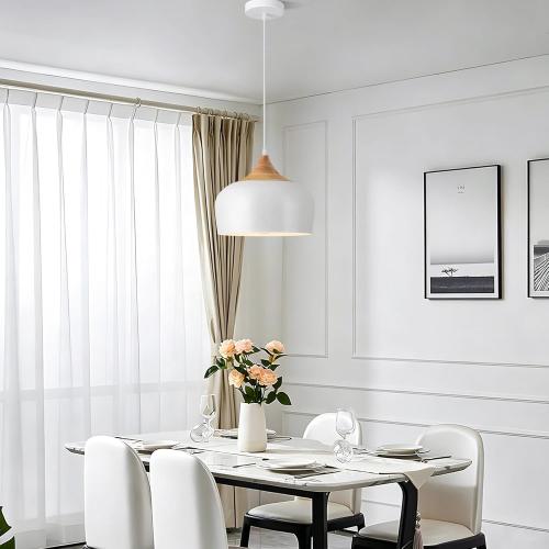 11.8 White Pendant Light with Solid Wood, Adjustable 12-80