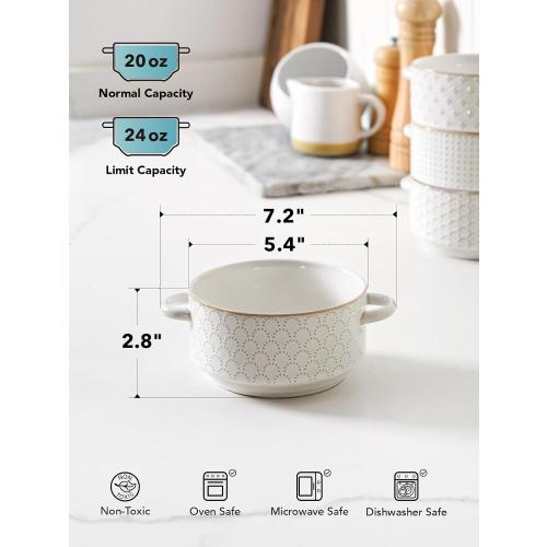 LE TAUCI Soup Bowls with Handles, 20 oz French Onion Soup Crocks, Stackable Soup Bowl Oven Safe for Chili, Beef Stew, Embossment Ceramic Bowl Set - 5.4 Inch, Set of 4, Arctic White