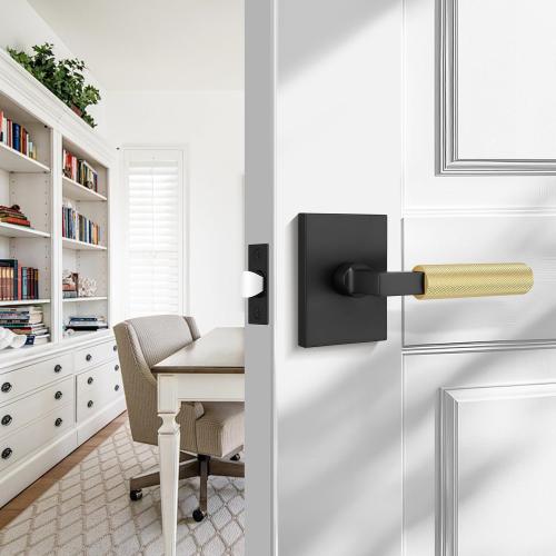 Probrico 2 Pack Brushed Gold Door Handles with Black Lever, Knurled Passage Door Handle for Hallway or Closet Door, Modern Interior Door Handle, Heavy Duty Keyless Lever for Left Right Handed Door
