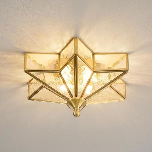 Star Flush Mount Ceiling Light: 12 Inch Brass Clear Glass Lighting Fixture