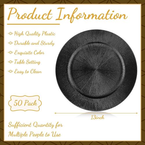 Tanlade 50 Pcs Charger Plates Bulk, 13 Inch Plastic Round Charger Dinner Plates Elegant Wedding Serving Plate for Event Tabletop Wedding Party Bridal Baby Shower Decor (Black)