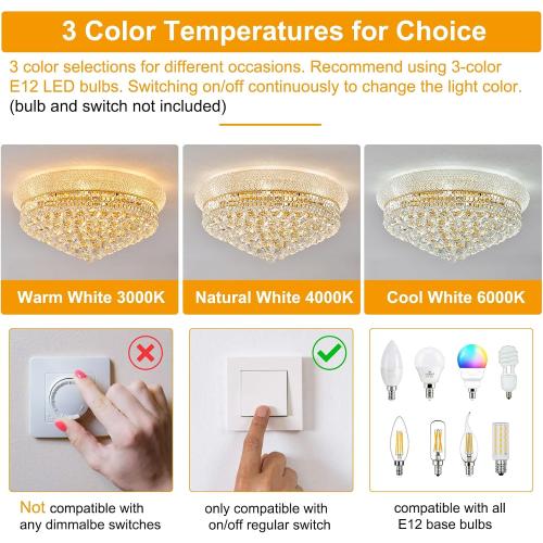 12-Light Crystal Flush Mount Chandelier Ceiling Light Fixture for Living Room Dining Room Bedroom Foyer Entryway Hallway Closet Bathroom (Gold D24)