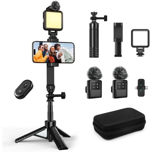 yAyusi Vlogging Kit for iPhone/Android，31 Selfie Stick Tripod with Light, Microphone, Remote Control ＆ Storage Boxes, YouTube Starter Kit for Interviews, Vlogs, TikTok, YouTube Video Recording