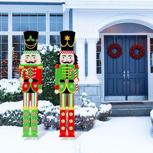 Gisafai 2 Pcs 6ft Large Metal Christmas Nutcracker Outdoor Decoration, Giant Nutcracker Yard Sign with Stakes, Christmas Yard Decor for Pathway Lawn Walkway Holiday Party