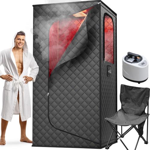 ouluu Portable Sauna with Red Light - Steam Sauna for Home, Folding Chair, Remote Control, 2.6’ x 2.6’ x 6.0’, Black