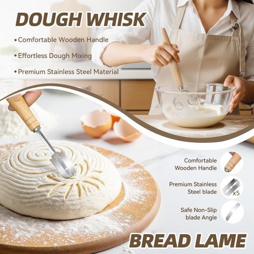 Kikcoin 9 & 10 Banneton Bread Proofing Basket Set, Round Banneton Basket for Sourdough Baking, Baking Supplies with Linen Liner, Bread Lame & Dough Whisk, Sourdough Proofing Tools