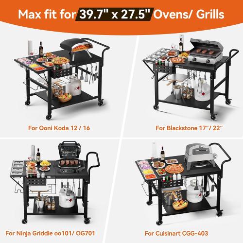 Leteuke Pizza Oven Table, Grill Cart Table for Blackstone Griddle, Outdoor Pizza Oven Stand Fits Ninja, Cuisinart, Gozney, Solo Stove, BBQ Prep Tables Station with Seasoning Tray, 47.2x27.5x35.8