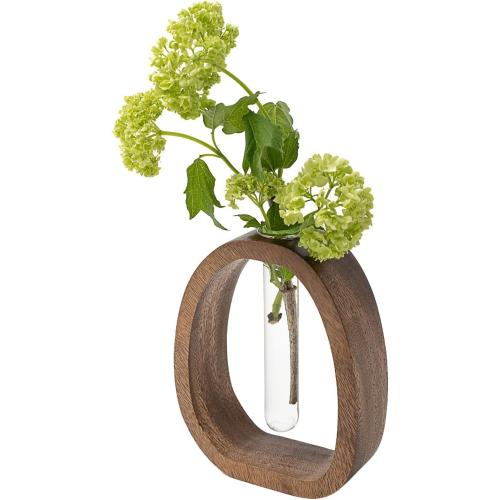 Acacia Small Wood Vase, Glass Tube Plant Propagation Station, MCM Decor
