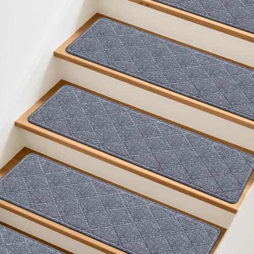 Stair Treads Non-Slip for Wooden Steps, 15Pack - 8 x 30 Edging Stair Runner Indoor for Kids Elders & Pets, Washable Carpet Stair Treads with Peel & Stick Reusable TPE Backing, Grey