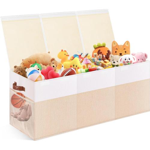 Extra Large Toy Storage Box with Lid, Collapsible Sturdy Toys Chest Storage Organizer Bin Basket with Divider for Kids, Boys, Girls, Closet, Playroom, Bedroom, Nursery, 40X14X16, Beige & White