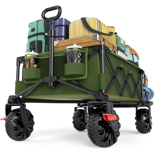 TIMBER RIDGE 600L Beast Wagon 26 W Extra Wide All Terrain Folding w/Big Wheels, Cargo Net & Tailgate, 400lbs Heavy Duty Portable Cart 54.5 L Large Collapsible Wagons for Camping, Sports, Dogs, Green