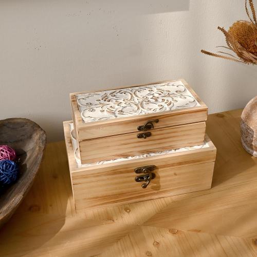 Wooden Storage Box Set of 2 - Hand Carved Floral Decorative Boxes