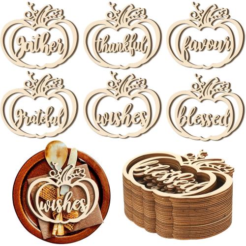 Qunclay 24 Pcs Thanksgiving Plate Decor Pumpkin Wood Cutouts Fall Thankful Blessed Thanksgiving Table Decor Fall Word Plate Sign Place Cards Settings for Autumn Rustic Letter Decorations