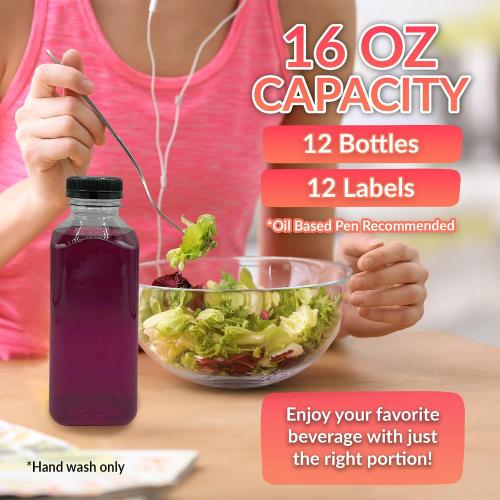 Reli. 16oz Plastic Juice Bottles with Caps & Labels - 12 Pack