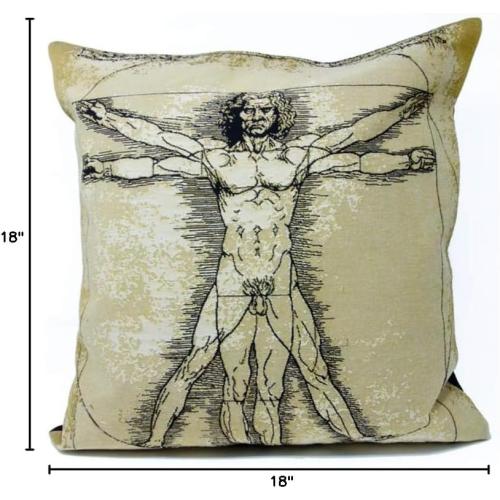 MUSART Decorative Square Throw Pillow Case Cushion Cover Jacquard Weave Fabric Premium Cushions for Sofa or Bedroom 18 x 18 Inches Leonardo Davinci Vitruvian Man Made in France