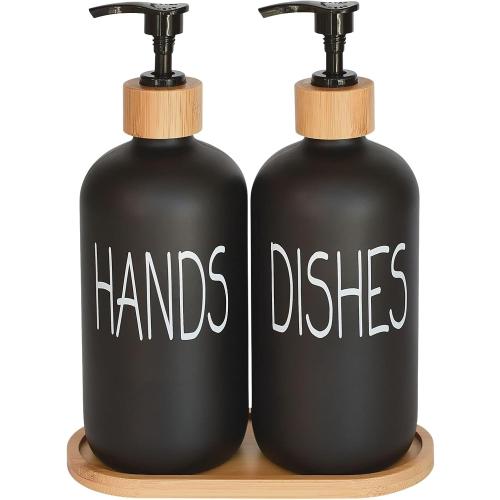 Glass Soap Dispenser Set. Hand and Dish with Bamboo Tray. Vintage Pump for Kitchen Drain Outlet Bathroom. Stylish Permanent Labels (Matte Black)