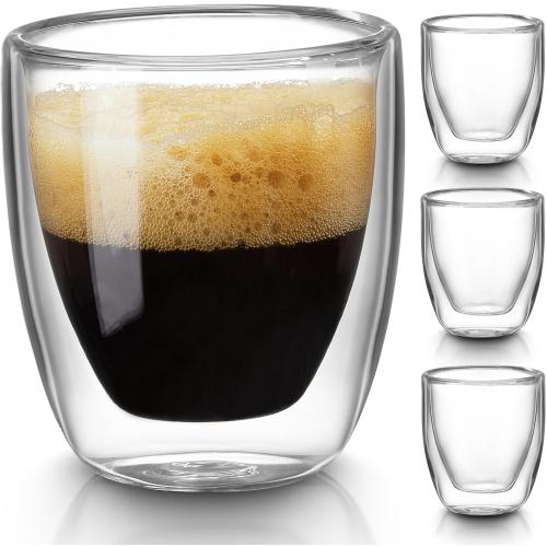 Double Walled Espresso Cups Set of 4 (50% Thicker), 3 Ounce Clear Expresso Coffee Mugs, Espresso Shot Glasses, Double Wall Insulated Espresso Cups Suit for Espresso Machine, Microwave Safe