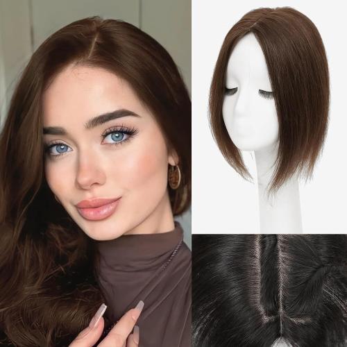 Size 12 Color Brown Hair Toppers for Women Real Human Hair, 12 Inch 360° 3D Upgrade Middle Part Toppers for Women with Thinning Hair (Mocha Brown)