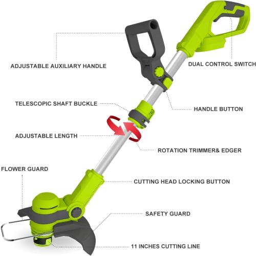 21V String Trimmer Cordless, Battery Powered, Electric Grass Trimmer with 2 x 2.0Ah Batteries, 12 Inch Trimmer and Edger with 4 Bonus Spools for Lawn, Garden