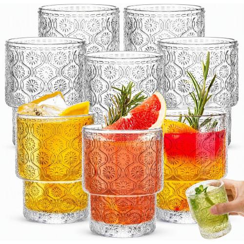 AVLA 8 Pack Vintage Drinking Glassware, 7 oz Romantic Water Juice Glass Tumbler Cup, Clear Stackable Coffee Cocktail Bar Drinkware for Beverages, Tea, Milk, Yogurt, Whiskey, Embossed Floral Pattern