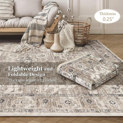 Area Rug 7x9 Washable Vintage - Soft Traditional Rugs for Living Room Large Non Slip Backing with Low Pile Farmhouse Oriental Retro Carpet for Bedroom Dining Room or Home Office - Tea Brown
