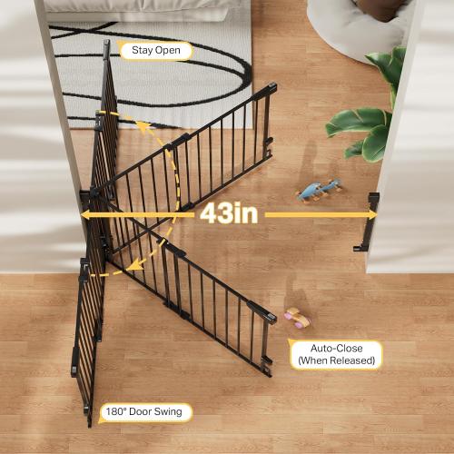Cumbor 29.2–43 Baby Gate for Stairs, Hardware Mounted (Drill Required), Expandable No Bottom Bar Dog Gate, Auto Close Extra Wide Walk Thru, Pet & Toddler Proof Gate, Top & Bottom of Stairways(Black)