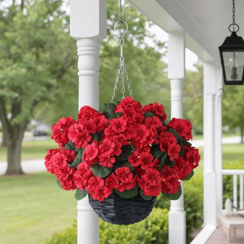 Artificial Geranium Flower Hanging Basket for Porch Decor(Red)