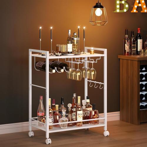 Joaxswe Bar Cart,2-Tier Home Bar Serving Cart with Lockable Wheels,White