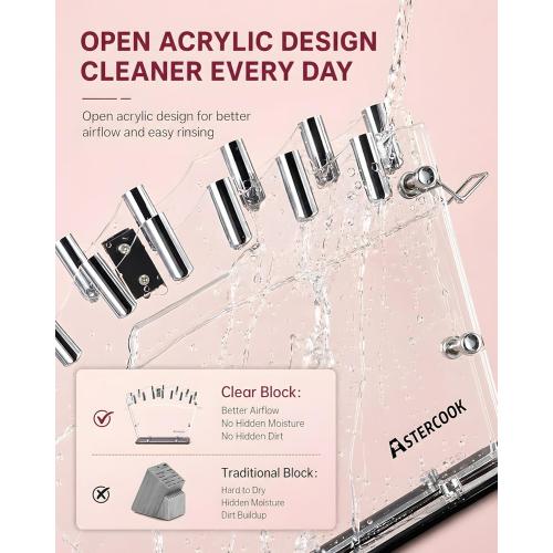Astercook Knife Set with Clear Block and Sharpener 22Pcs Pink
