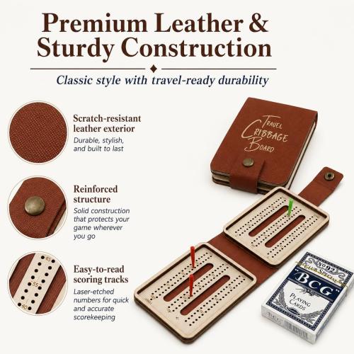 Portable Cribbage Board Set, Premium Leather Foldable Cribbage Game with Playing Card & Pegs, Pocket Size for Camping, Travel, Adventures & Unique Gift for Father's Day, Christmas & Cribbage Lovers