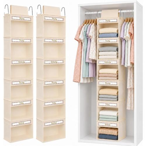 2 Pack 6 Shelf Weekly Clothes Organizer for Kids Hanging Daily Closet Organization White Background Colorful Confetti Decoration with Days of The Week Monday Through Friday Weekend Cards(Beige)