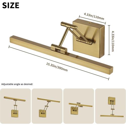 Hard-Wired Picture Light Dimmable LED Picture Lights for Paintings 15.7 Inch Brass Metal Body Wall Pictures with Adjustable Gold Swing Arm Art Display Lamps 7W 3000K Warm White Book Light