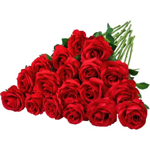 Red Roses Artificial Velvet Silk Flowers Fake Roses Bouquet with medium Stems for Valentines Gifts Wedding Centerpiece Bridal Anniversary DIY Floral Arrangment Home Decor, Red