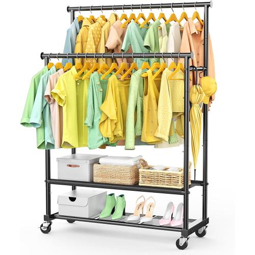 COLOR WHITE ❗❗Double Rods Clothes Rack for Hanging Clothes, Heavy Duty Rolling Clothing Rack with Wheels, Freestanding Garment Racks with Oxford Bottom Shelf and Mesh Bottom Shelf for Bedroom Laundry Living Room
