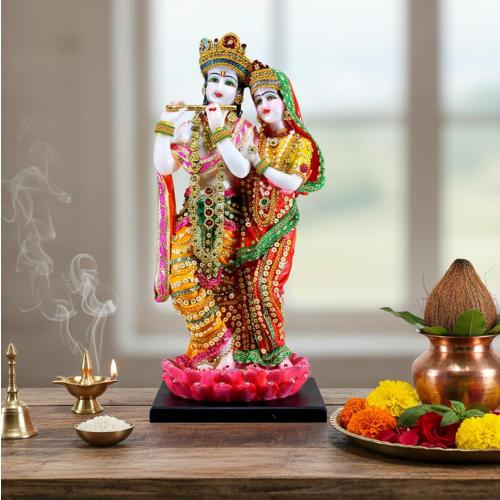 eSplanade Radha Krishna Kishan Standing on a Lotus Murti Idol Statue Sculpture - Resin - 16 Inches