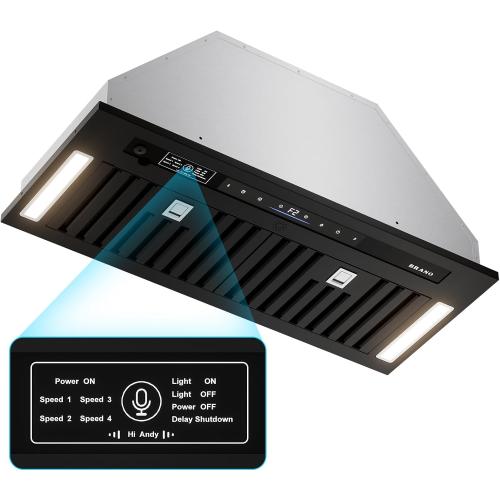 BRANO Range Hood Insert 30 Inch, 900 CFM Voice/Gesture/Touch Control Build-in Kitchen Hood Vent with 4 Speed Exhaust Fan, Memory Mode, Adjustable Lights, Ducted/Ductless Convertible